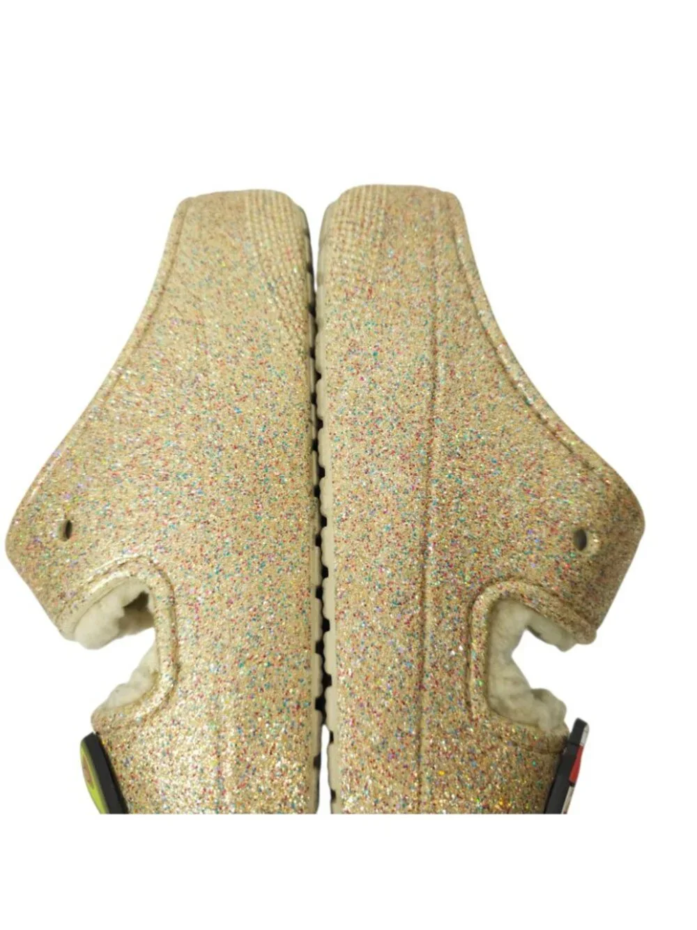 Crocs Classic Cozzzy Glitter Sandals Women 7 Gold Fuzzy Lined Slide Taco Jibbitz